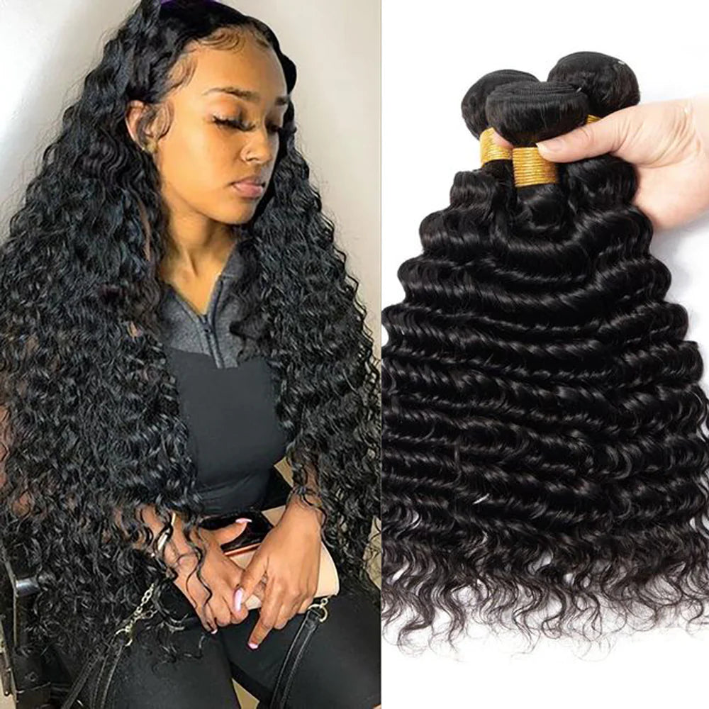 DBO MALL Virgin Deep Wave Hair 3 Bundles with 4x4 Lace Closure