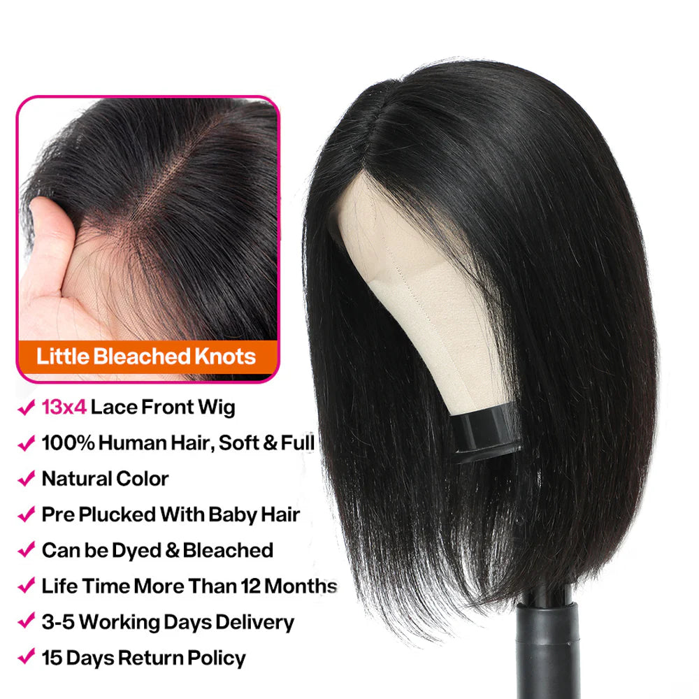 DBO MALL Straight Human Hair Bob Wig with 13X4 Lace Frontal.
