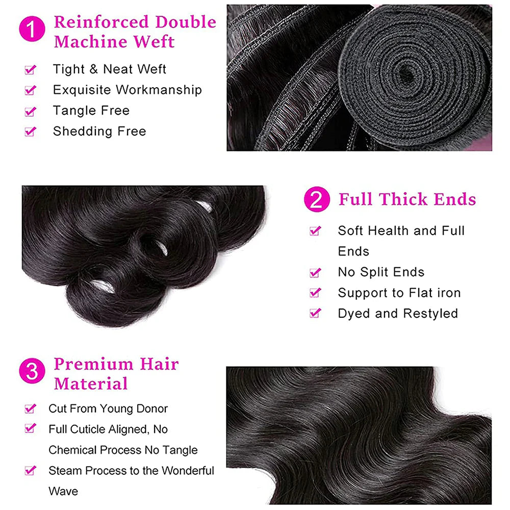 DBO MALL Virgin Body Wave Hair 3 Bundles with 4x4 Lace Closure