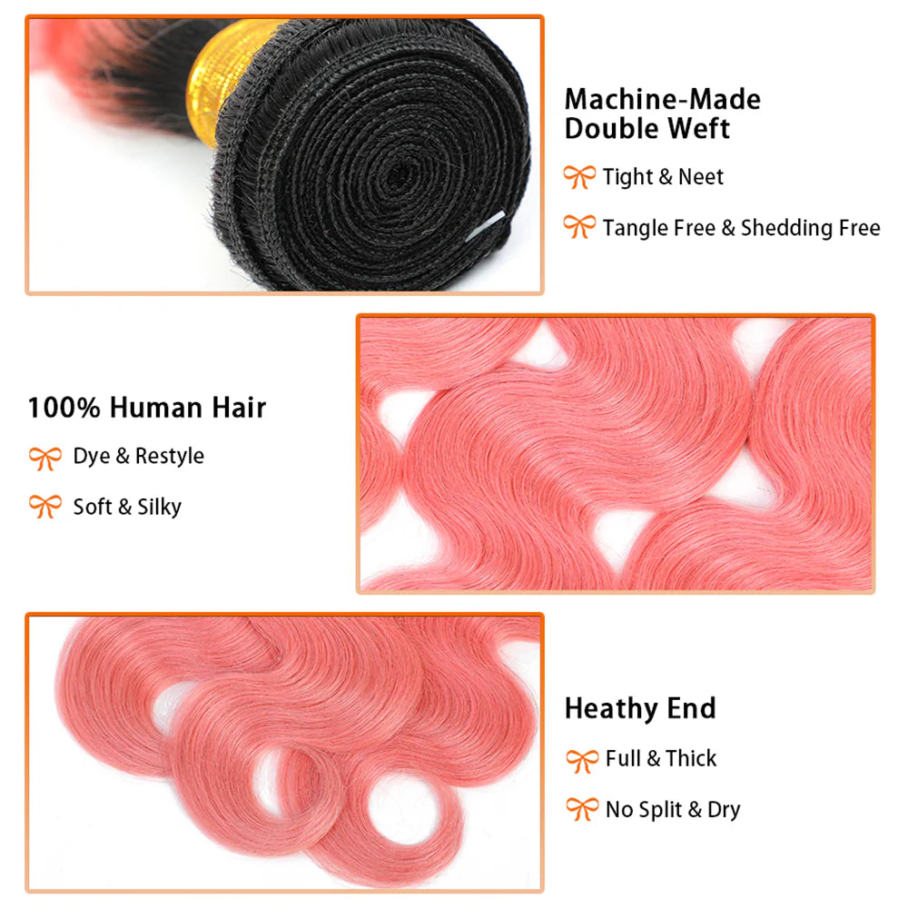 DBO MALL 1B Pink Body Wave Hair Weave 3 Bundles