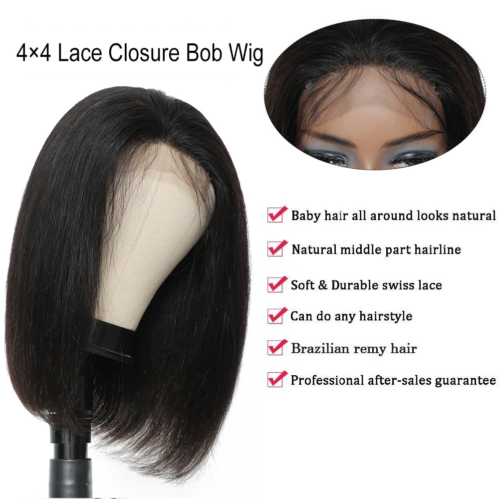 DBO MALL Straight Human Hair Bob Wig with 4X4 Lace Closure