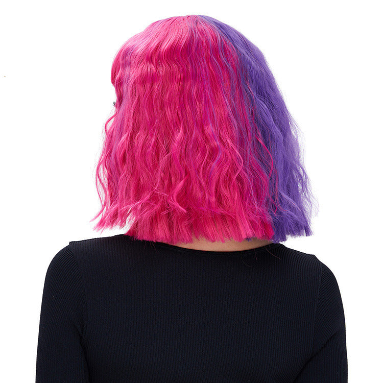 DBO MALL Lila Ombre-Perücken für Damen, kurz, lockig, gewellt, Mädchenperücke, dunkle Haarwurzeln, lila, schulterlanges Haar