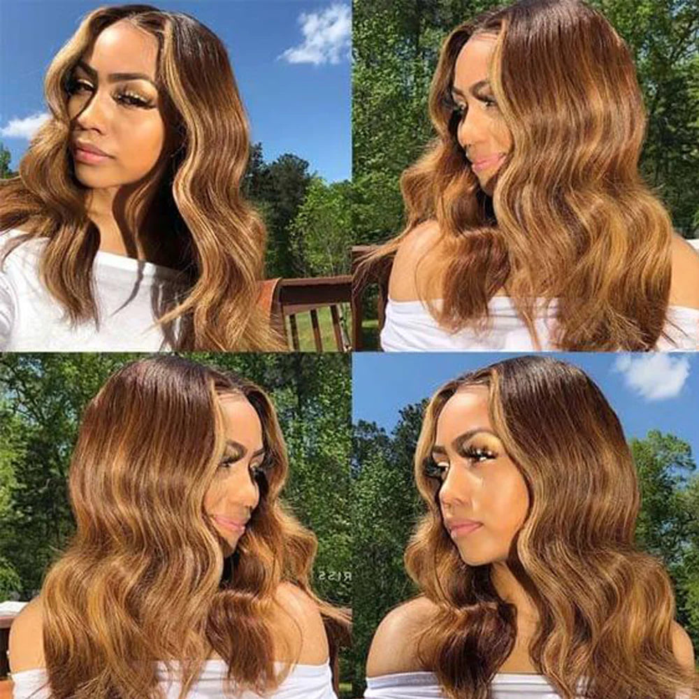 DBO MALL Highlight Wig Body Wave Human Hair Wig 4x4 Lace Closure