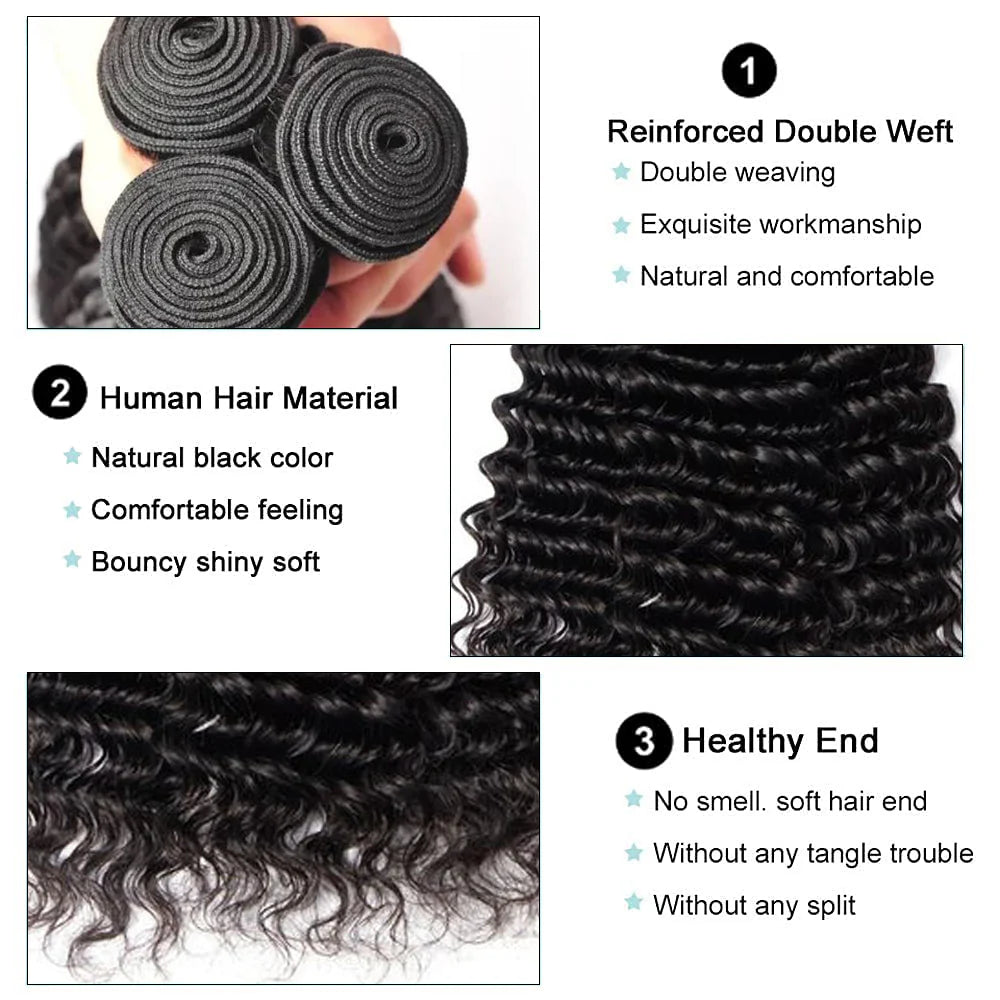 DBO MALL Virgin Deep Wave Hair 3 Bundles with 4x4 Lace Closure