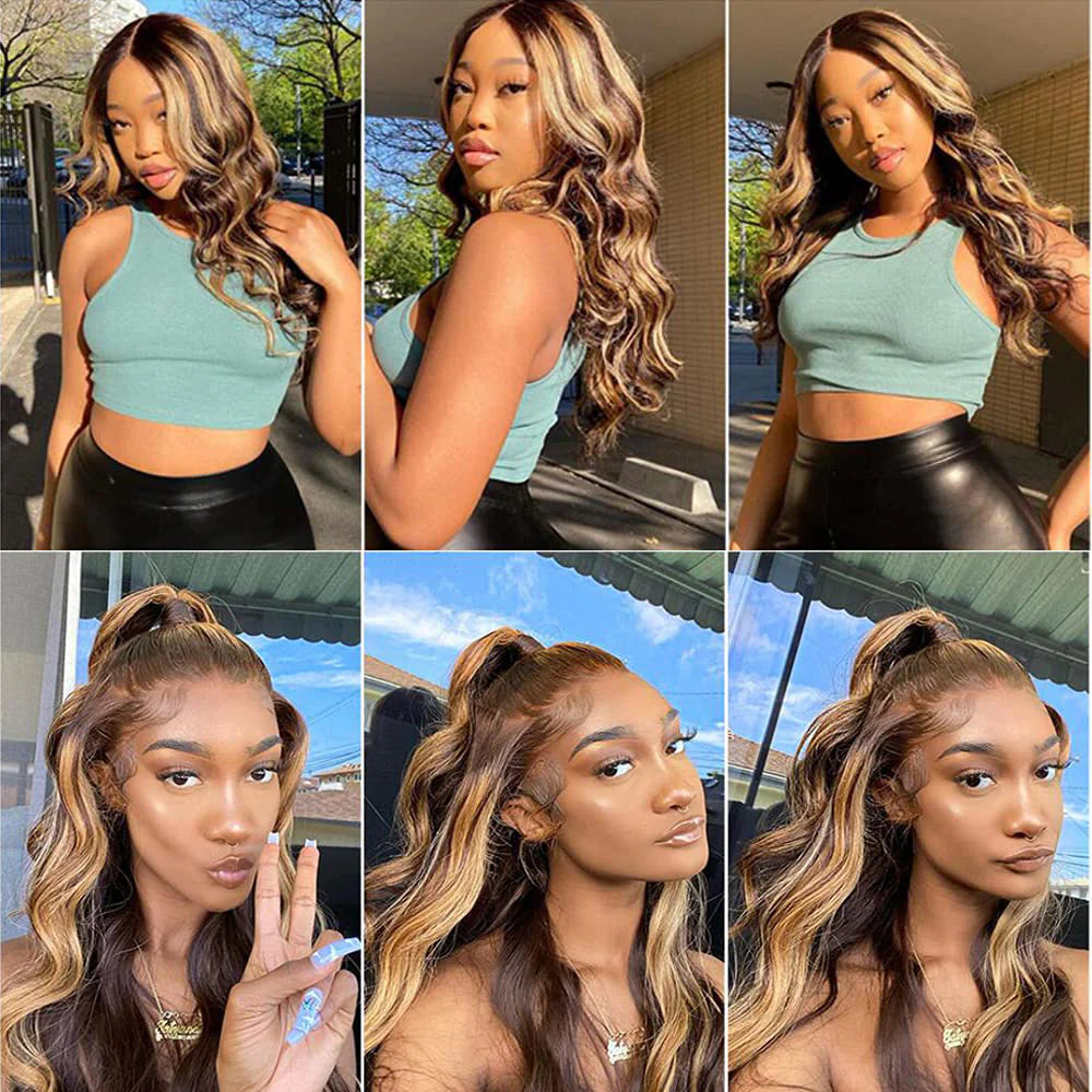 DBO MALL Highlight Wig Body Wave Human Hair Wig 4x4 Lace Closure