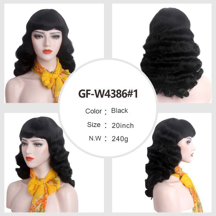 DBO MALL GF-W4386#1 22 Zoll Wasser-Retro-Perücke mit integriertem Kopf Page Vamp Farbe Dunkelstes Braun – Jon Renau Illusions Kostümperücke 14 Zoll lang 1950er Fünfziger gewellt Vintage Retro stumpfer Pony große Locken (natürliches Schwarz)