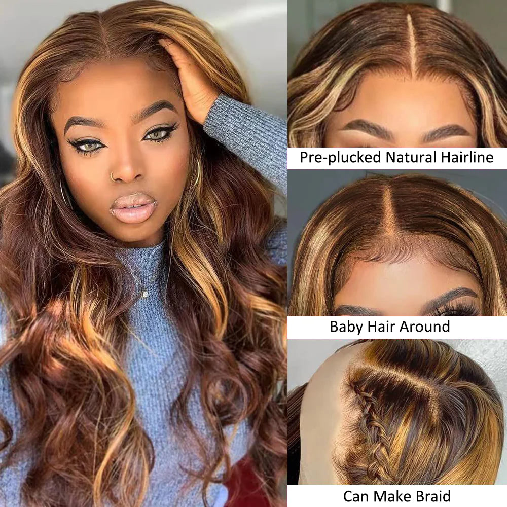 DBO MALL  Highlight Wig Body Wave Human Hair Wig with 13x4 Lace Frontal