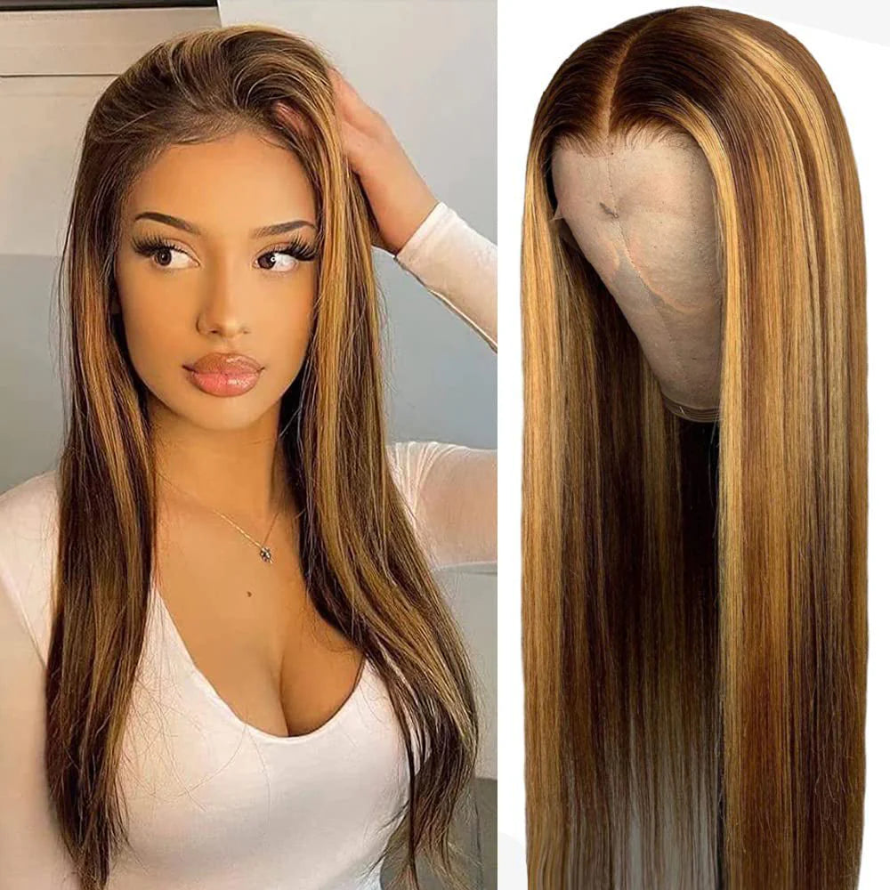 DBO MALL Highlight Human Hair Straight Wig with 4x4 Lace Closure