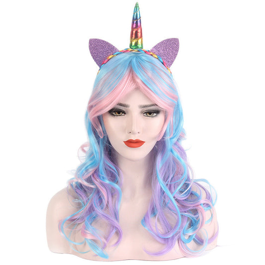 DBO MALL GF-W3582$G436  Straightened length 27.6" Wig mixed color Long Curly Wavy Hair Women and Girl Cosplay Party Costume Wig(Blue, purple)