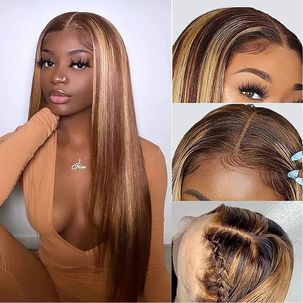 DBO MALL Highlight Human Hair Straight Wig with 4x4 Lace Closure