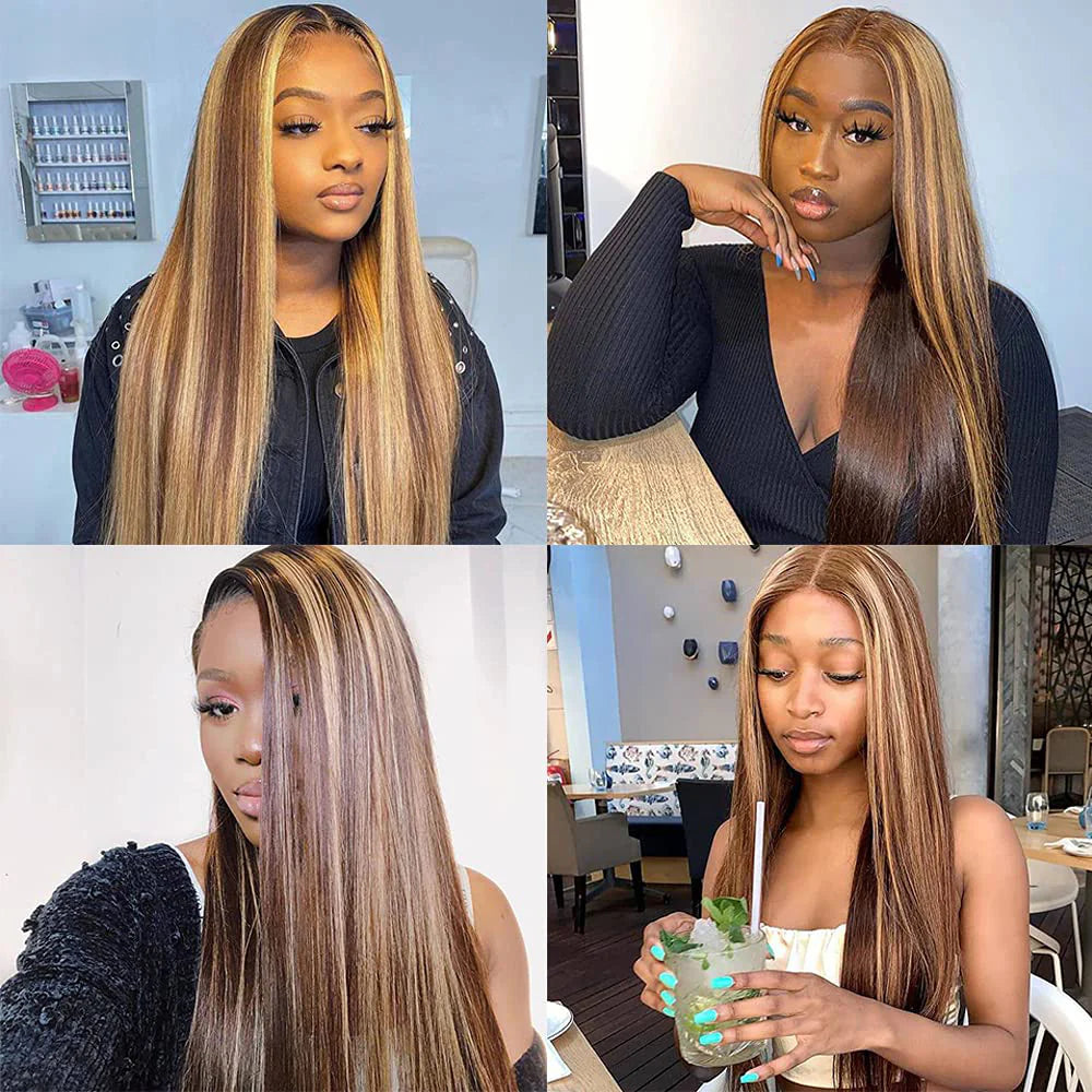 DBO MALL Highlight Human Hair Straight Wig with 4x4 Lace Closure