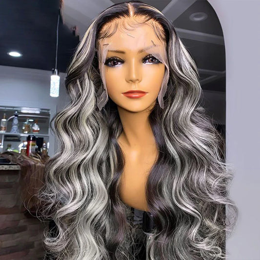 DBO MALL Perücke mit Stinktierstreifen, blond und schwarz, gewellt, 13 x 4 Zoll, Spitzenfrontperücke