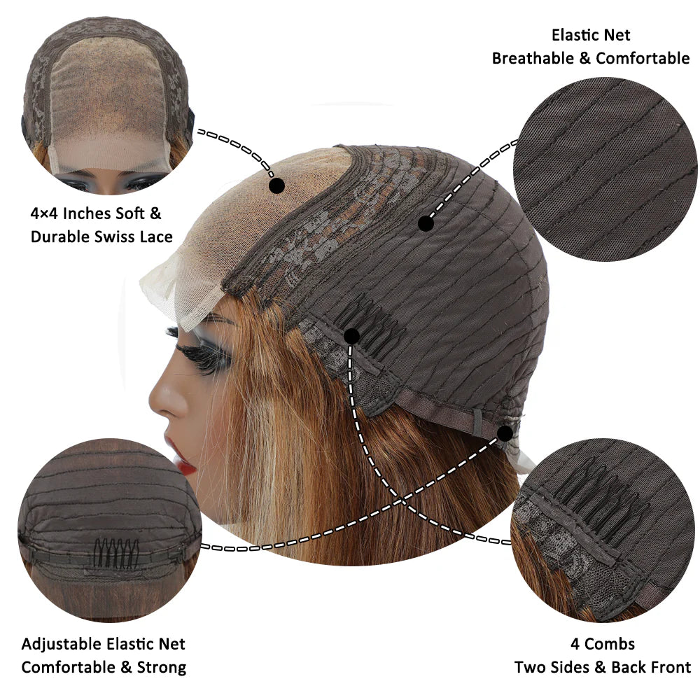 DBO MALL Highlight Human Hair Straight Wig with 4x4 Lace Closure