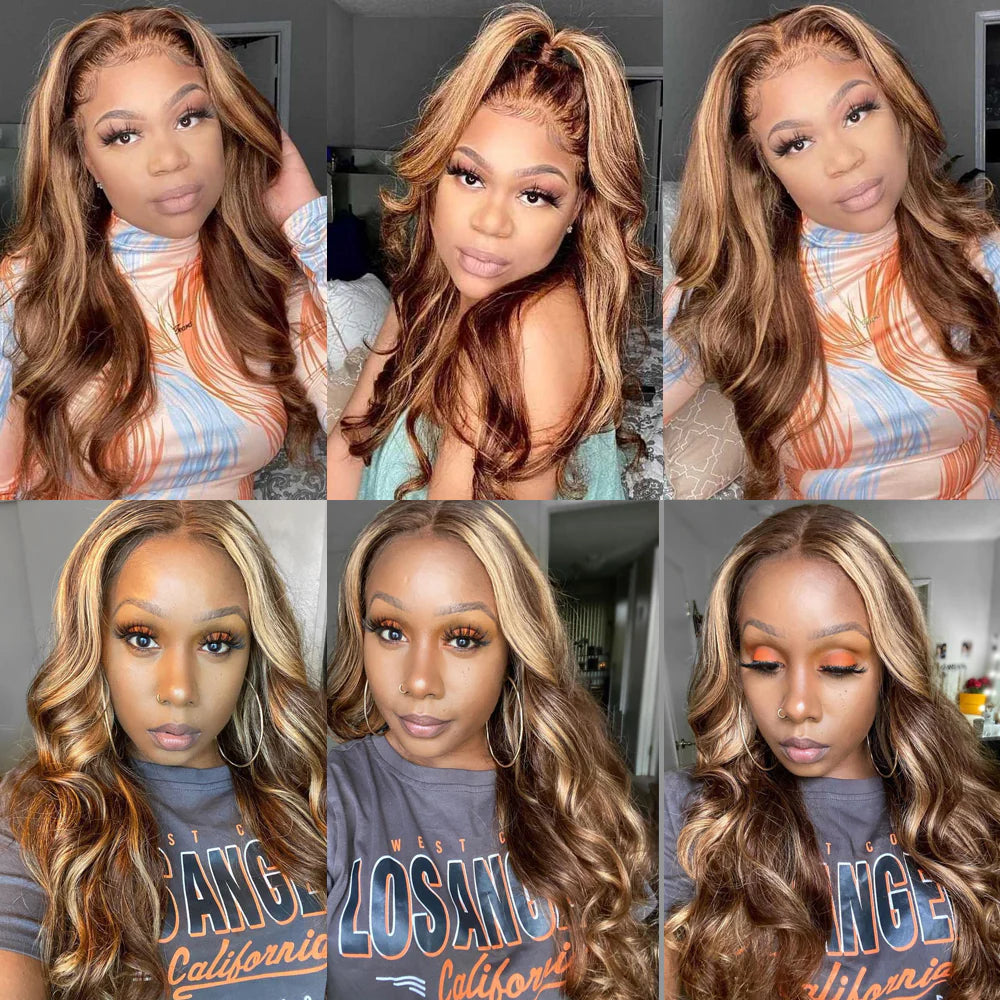 DBO MALL  Highlight Wig Body Wave Human Hair Wig with 13x4 Lace Frontal