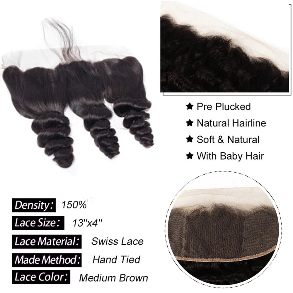 DBO MALL Virgin Loose Wave Hair 3 Bundles with 13x4 Lace Frontal