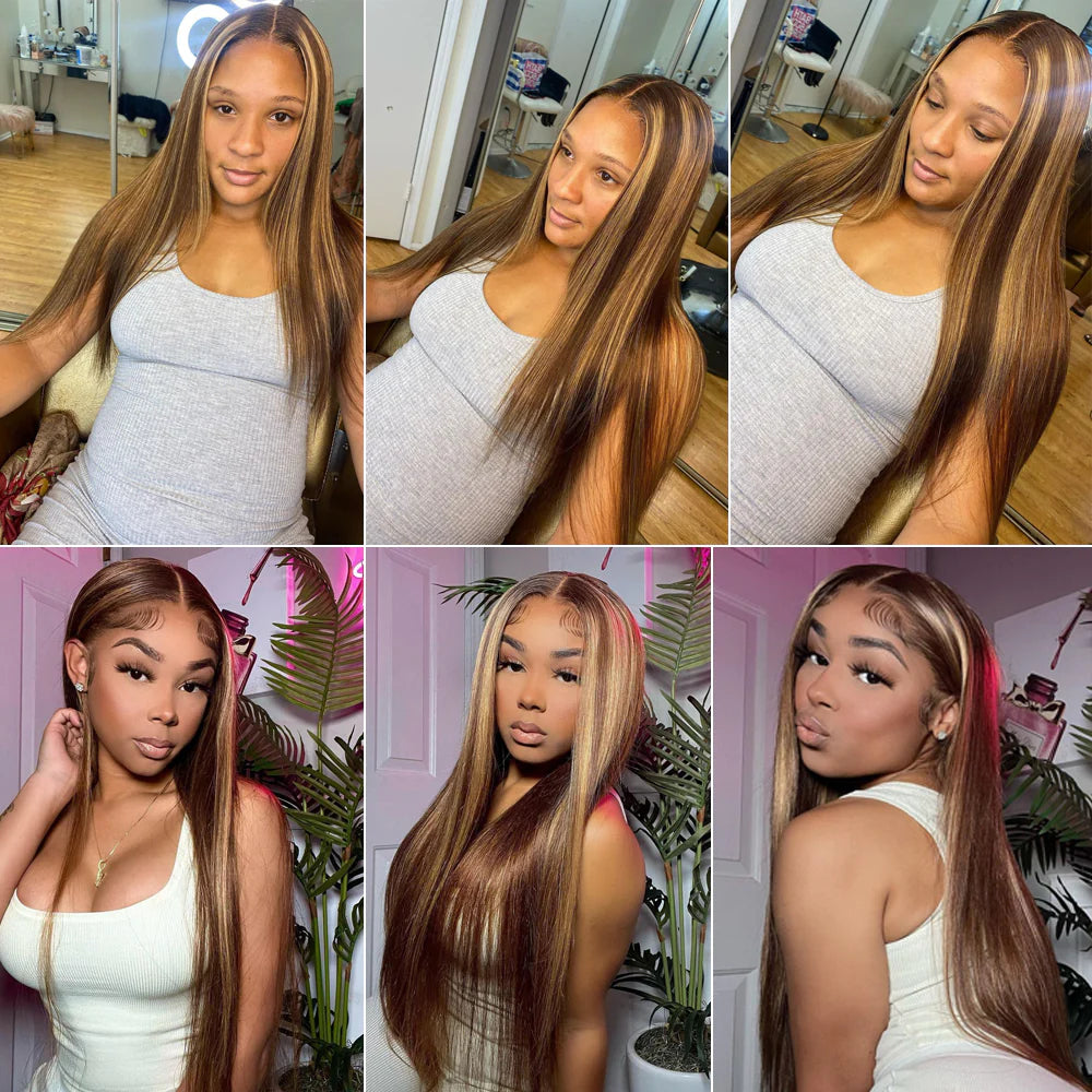 DBO MALL Highlight Human Hair Straight Wig with 4x4 Lace Closure
