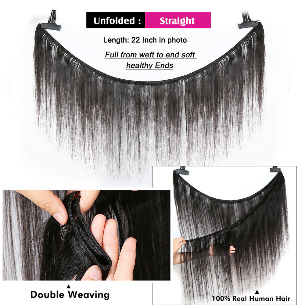DBO MALL Virgin Straight Hair 3 Bündel mit 13x4 Lace Frontal