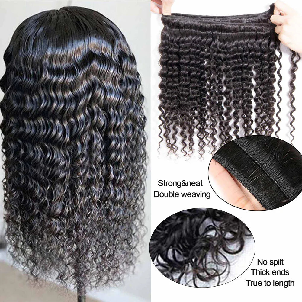 DBO MALL Virgin Deep Wave Hair 3 Bundles with 13x4 Lace Frontal