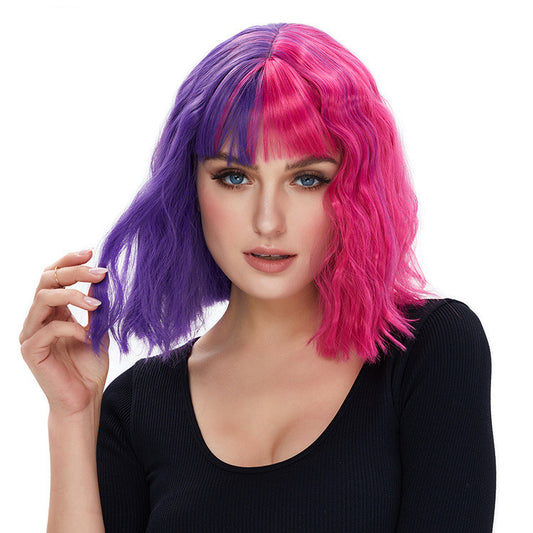 DBO MALL Purple Ombre Wigs for Womens Short Curly Wavy Girls Wig Dark Roots Purple Shoulder Length Hair Wig