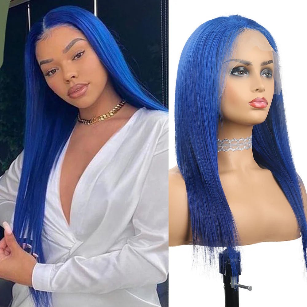 DBO MALL Blue Straight Hair Wig with 13x4 Lace Frontal