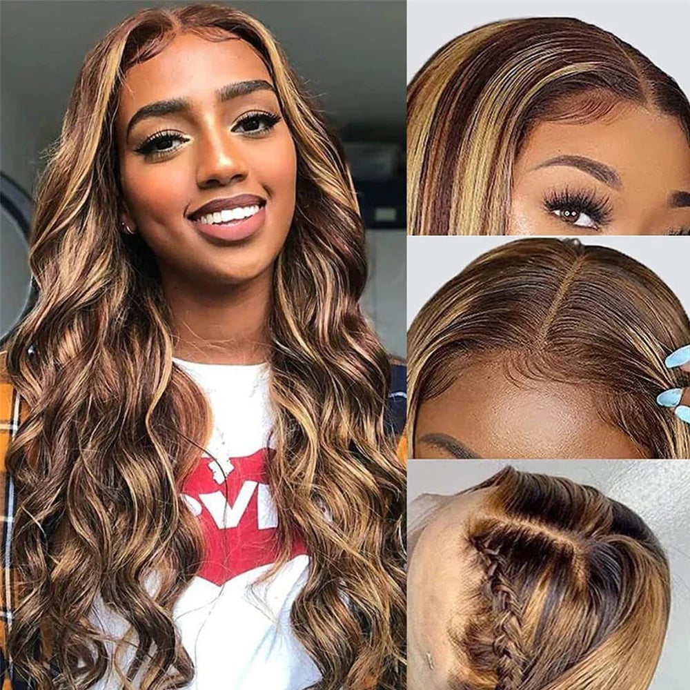 DBO MALL Highlight Wig Body Wave Human Hair Wig 4x4 Lace Closure