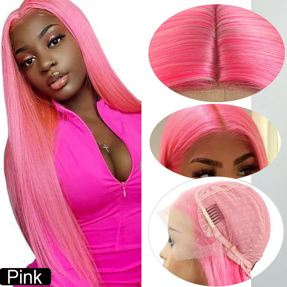 DBO MALL Rosa Perücke Glattes Haar Perücke 13x4 Lace Frontal Perücken