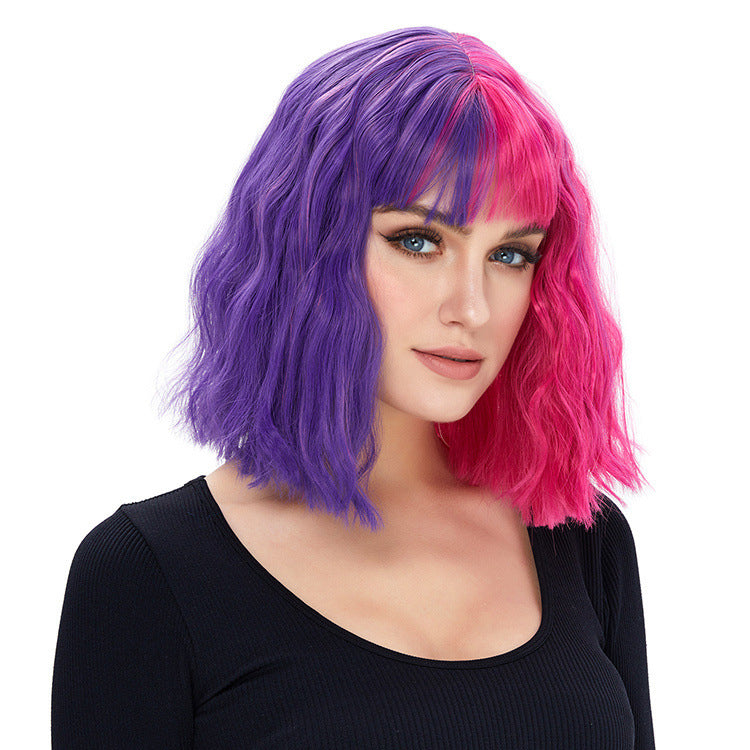 DBO MALL Lila Ombre-Perücken für Damen, kurz, lockig, gewellt, Mädchenperücke, dunkle Haarwurzeln, lila, schulterlanges Haar 
