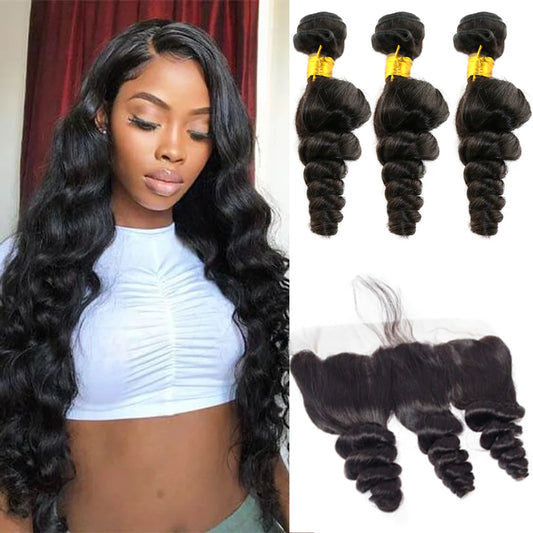DBO MALL Virgin Loose Wave Hair 3 Bündel mit 13x4 Lace Frontal