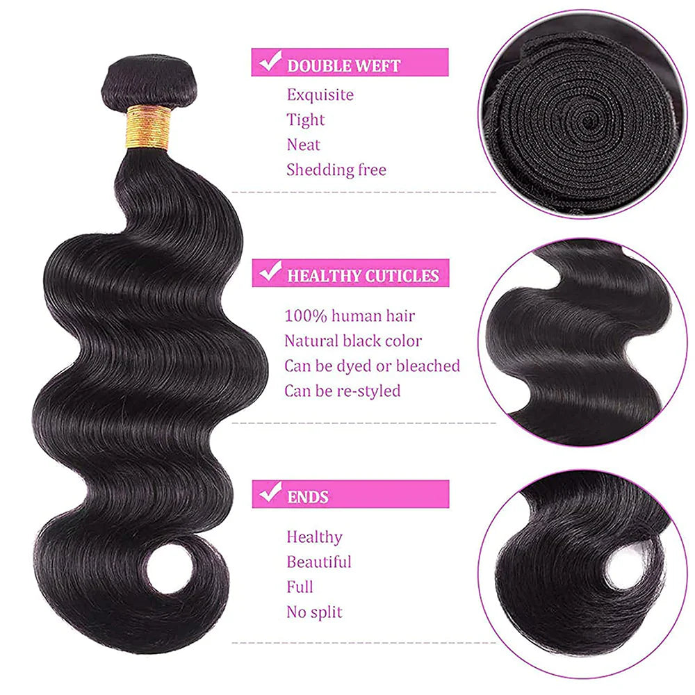 DBO MALL Virgin Body Wave Hair 3 Bündel mit 4x4 Spitzenverschluss