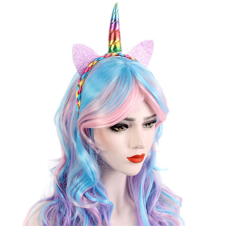 DBO MALL GF-W3582$G436 Glatte Länge, 27,6 Zoll, Perücke, gemischte Farben, langes lockiges gewelltes Haar, Cosplay-Party-Kostümperücke für Frauen und Mädchen (blau, lila) 