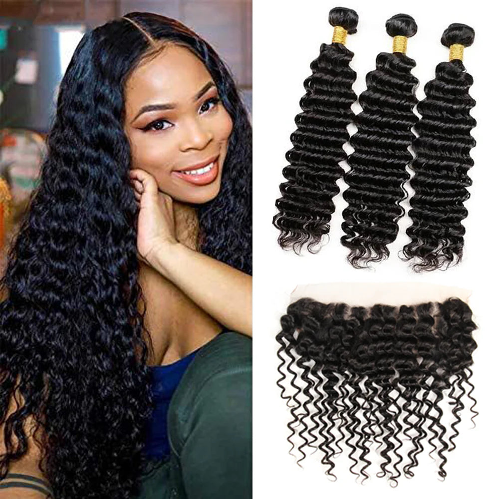 DBO MALL Virgin Deep Wave Hair 3 Bundles with 13x4 Lace Frontal