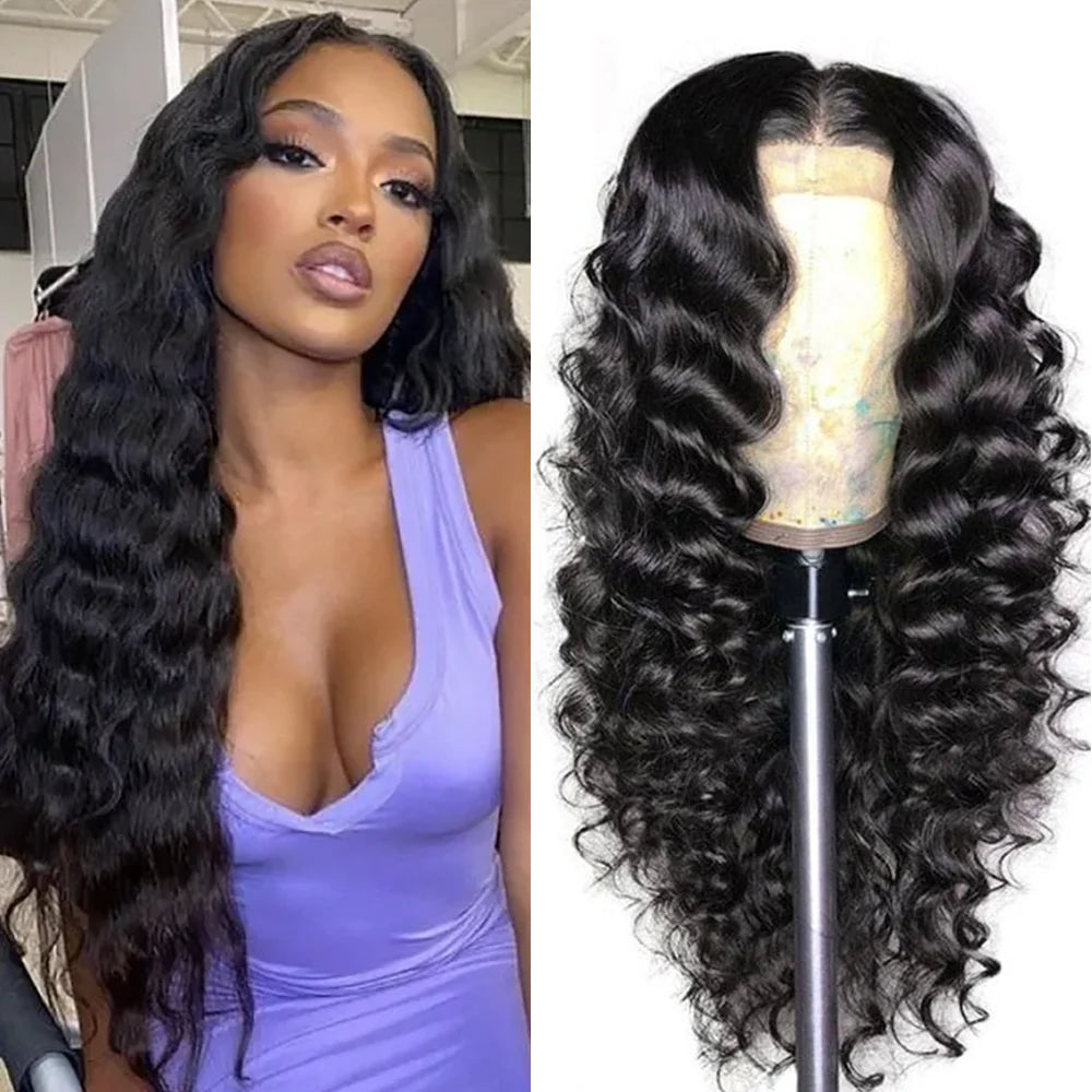 DBO MALL Loose Deep Human Hair Wig with 13x4x1 Lace Frontal