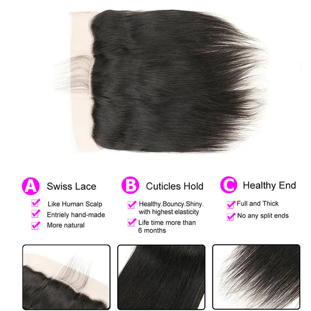 DBO MALL Virgin Straight Hair 3 Bündel mit 13x4 Lace Frontal