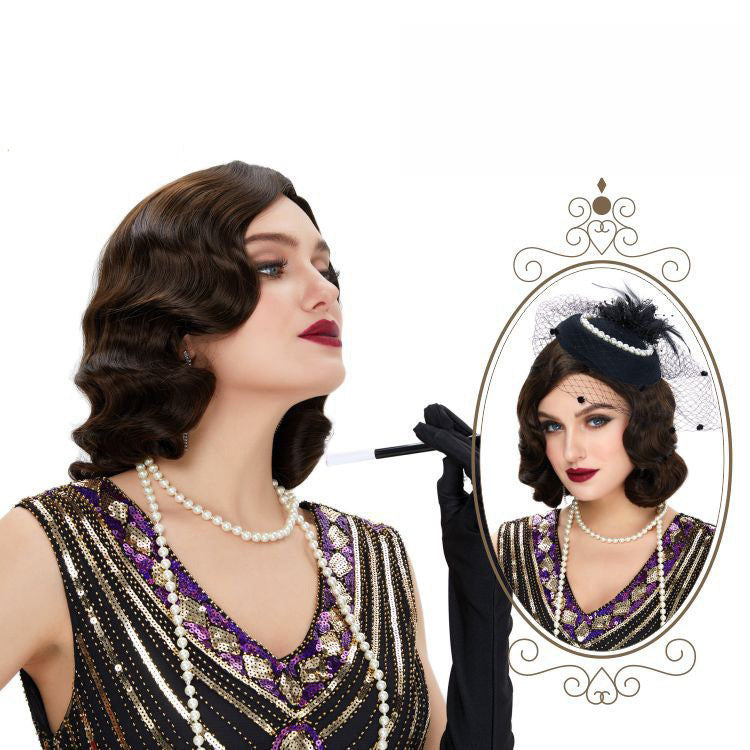 DBO MALL Fingerwellen-Perücke im 1920er-Jahre-Retro-Stil, mittellang, lang, lockig, Kunsthaar für Damen 