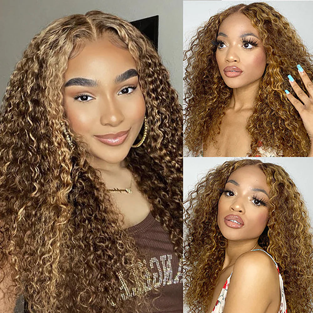 DBO MALL Highlight Wig Deep Wave Human Hair Wig with 13x4 Lace Frontal