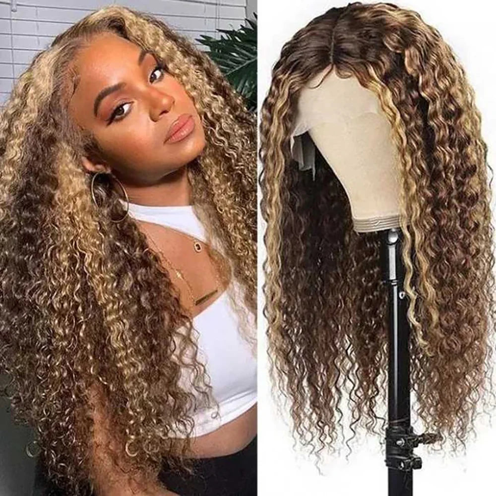 DBO MALL Highlight Wig Deep Wave Human Hair Wig with 13x4 Lace Frontal