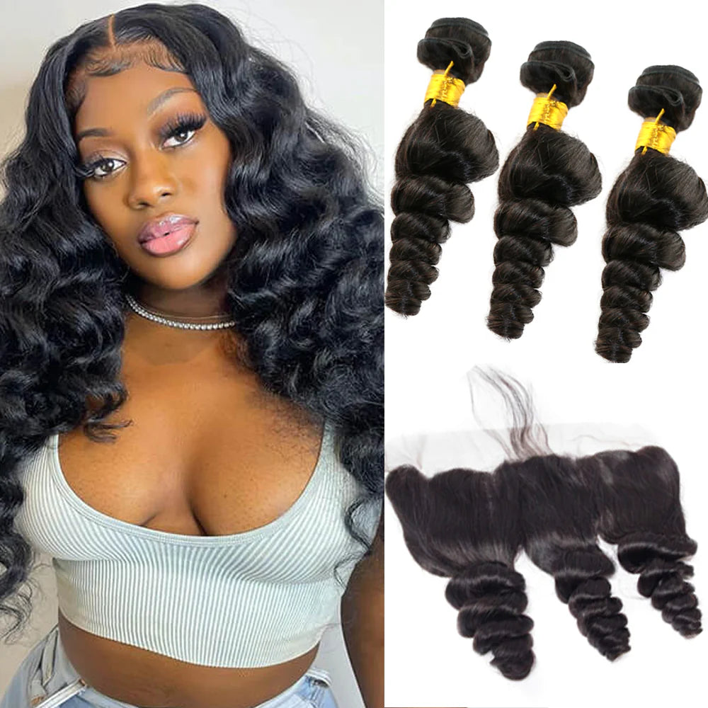 DBO MALL Virgin Loose Wave Hair 3 Bundles with 13x4 Lace Frontal