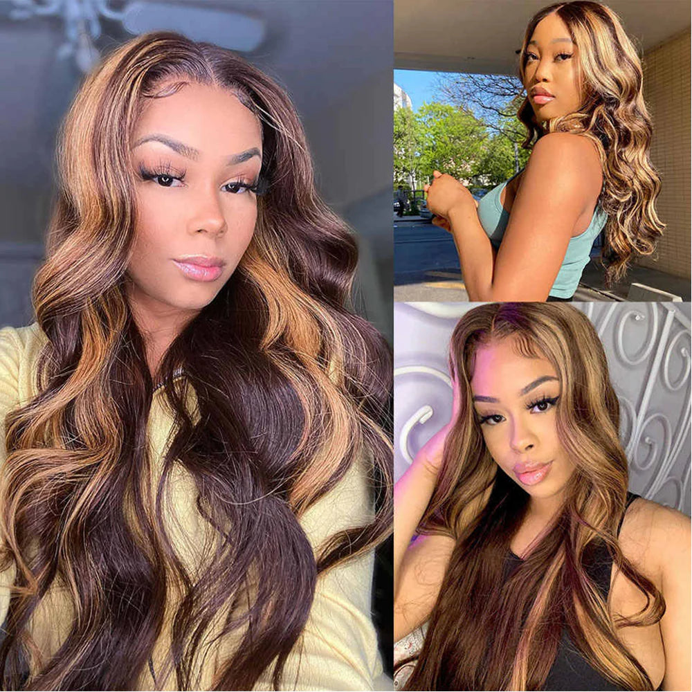 DBO MALL Highlight Wig Body Wave Human Hair Wig 4x4 Lace Closure