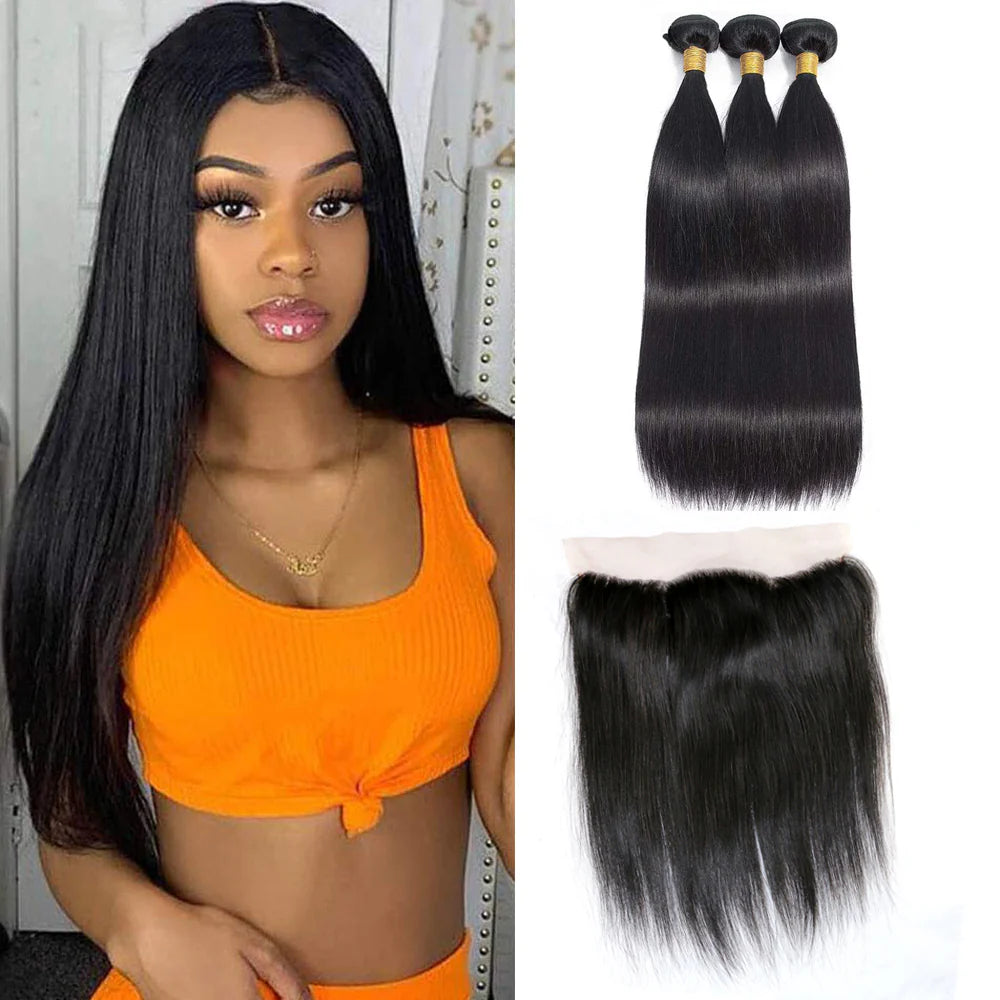 DBO MALL Virgin Straight Hair 3 Bündel mit 13x4 Lace Frontal