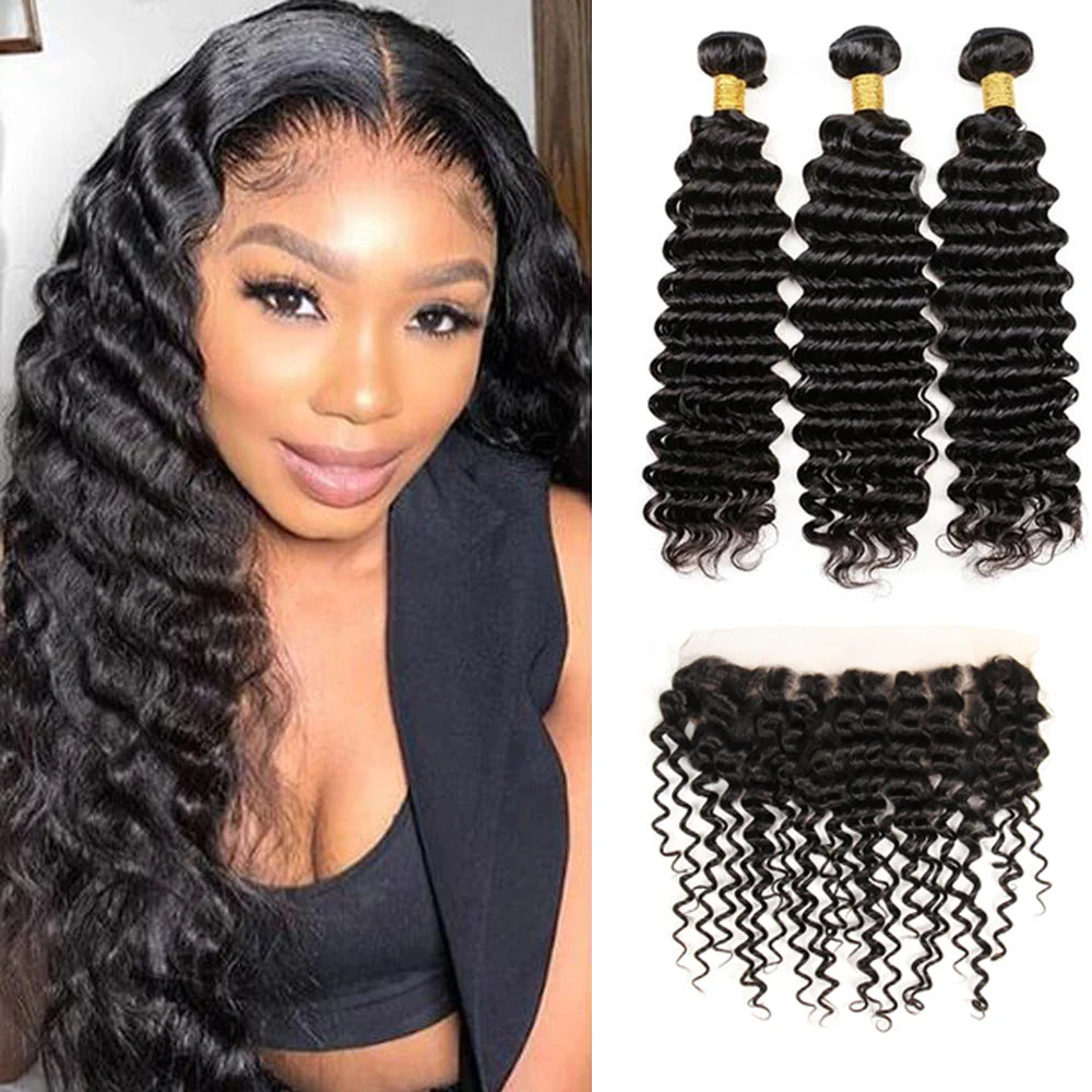 DBO MALL Virgin Deep Wave Hair 3 Bundles with 13x4 Lace Frontal