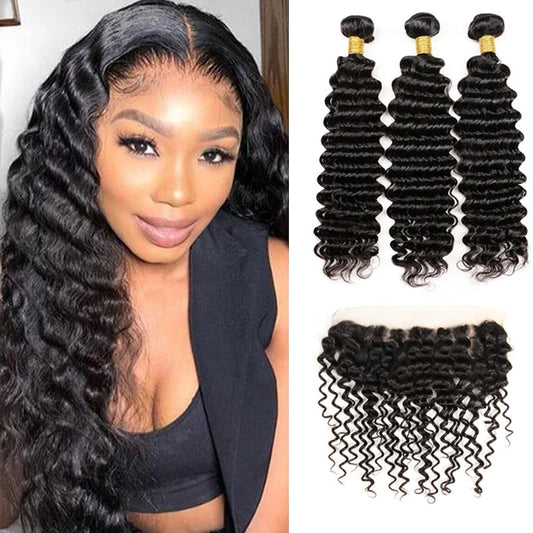 DBO MALL Virgin Deep Wave Hair 3 Bündel mit 13x4 Lace Frontal