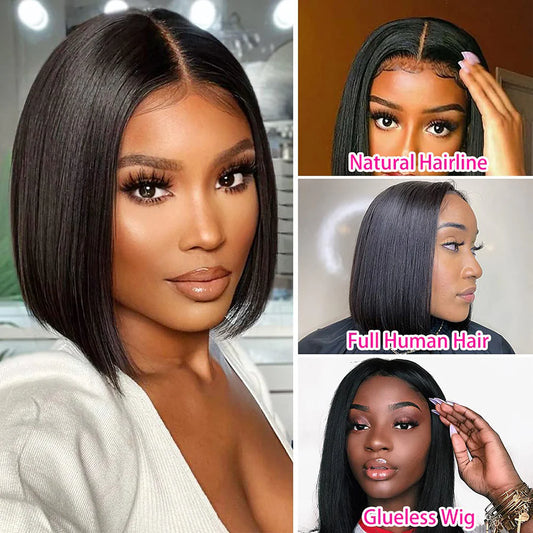 DBO MALL Glattes Haar Bob Perücke Echthaar 4X4 Lace Closure Perücke