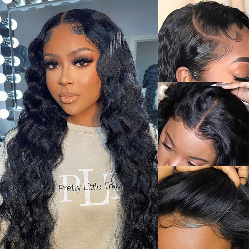 DBO MALL Loose Deep Human Hair Wig with 13x4x1 Lace Frontal