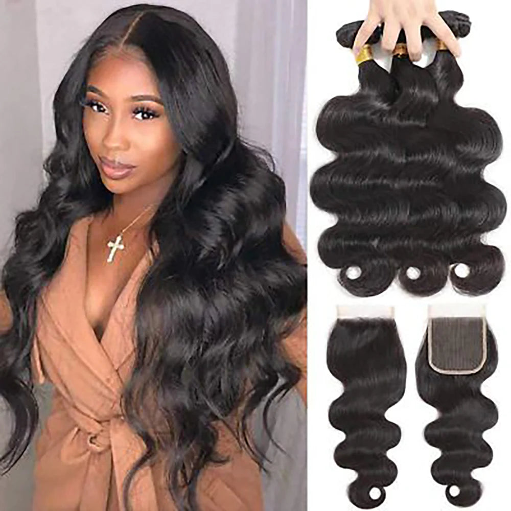DBO MALL Virgin Body Wave Hair 3 Bündel mit 4x4 Spitzenverschluss