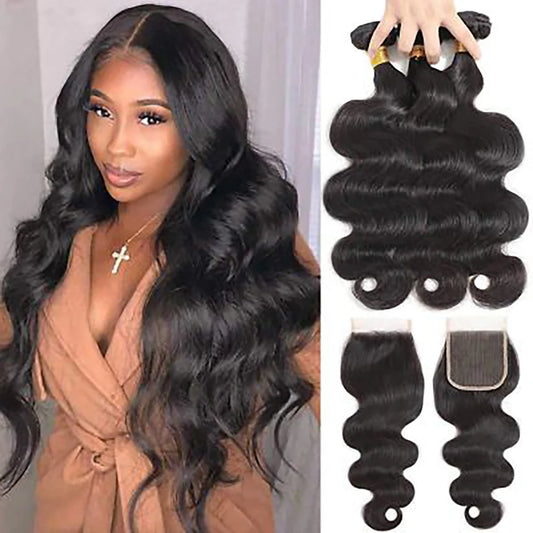 DBO MALL Virgin Body Wave Hair 3 Bündel mit 4x4 Spitzenverschluss