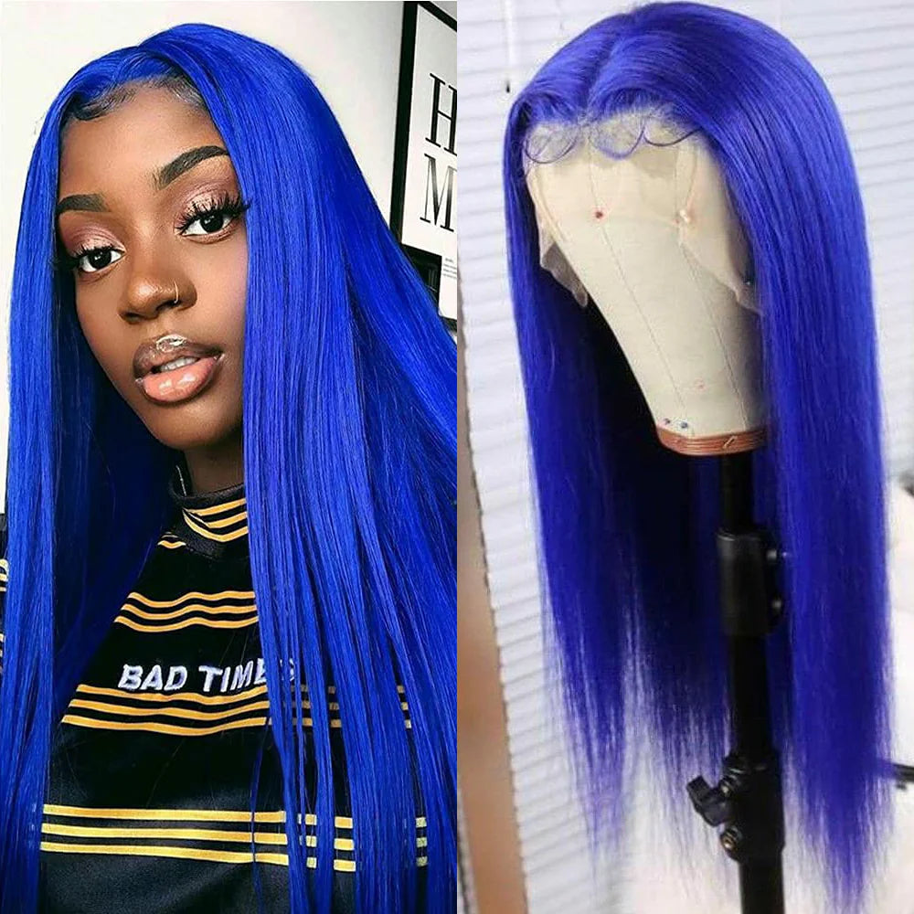 DBO MALL Blue Straight Hair Wig with 13x4 Lace Frontal
