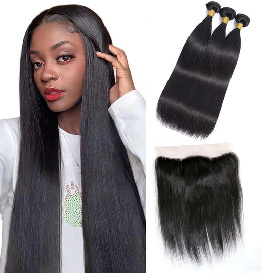 DBO MALL Virgin Straight Hair 3 Bündel mit 13x4 Lace Frontal