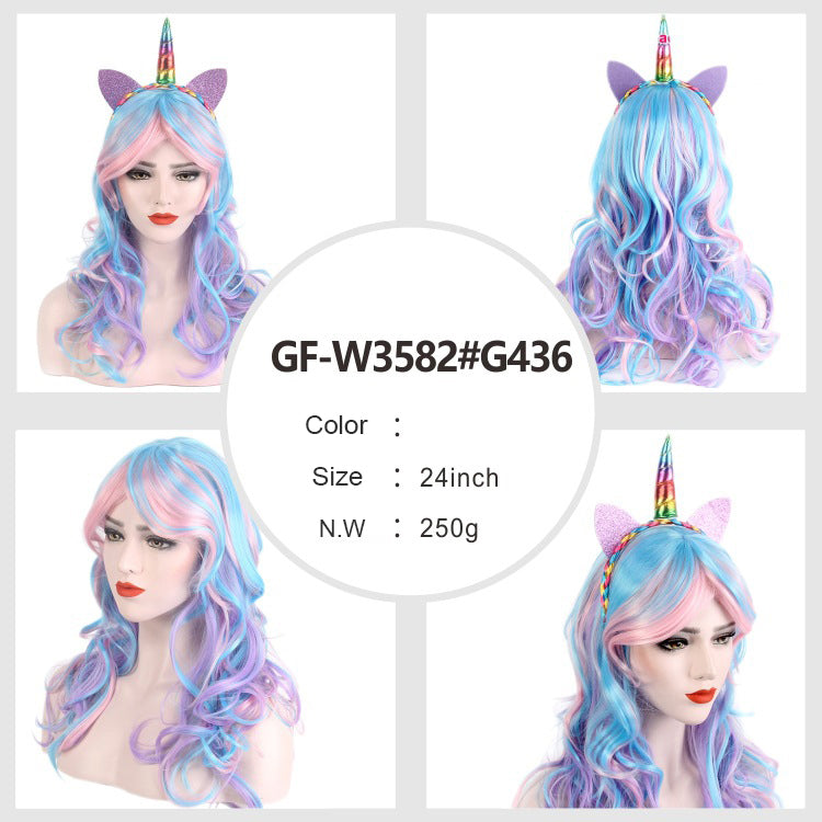 DBO MALL GF-W3582$G436 Glatte Länge, 27,6 Zoll, Perücke, gemischte Farben, langes lockiges gewelltes Haar, Cosplay-Party-Kostümperücke für Frauen und Mädchen (blau, lila) 