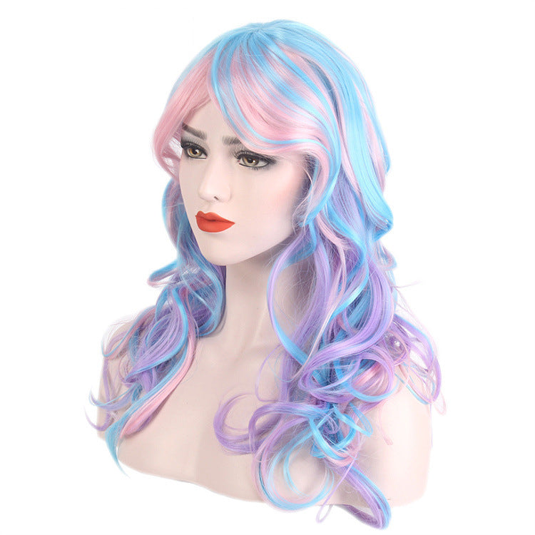 DBO MALL GF-W3582$G436 Glatte Länge, 27,6 Zoll, Perücke, gemischte Farben, langes lockiges gewelltes Haar, Cosplay-Party-Kostümperücke für Frauen und Mädchen (blau, lila) 
