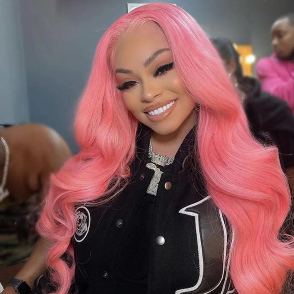 DBO MALL Pink Wig Body Wave Human Hair Wig with 13x4 Lace Frontal